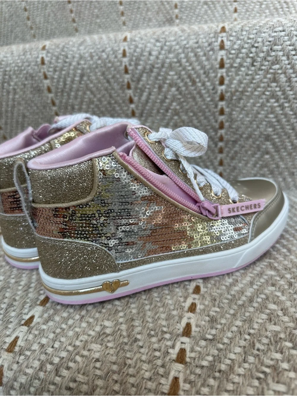 Skechers Girls Gold Sequin High-Top Sneakers with Pink Accents